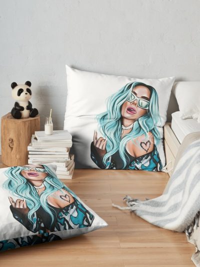 Karol G With Blue Hair Illustration Throw Pillow Official Karol G Merch