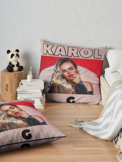 Karol G Vintage With Pink Background Throw Pillow Official Karol G Merch