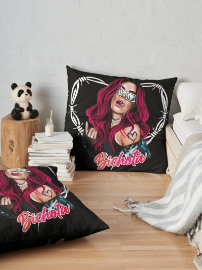 Karol G With Red Hair Illustration With Bichota Throw Pillow Official Karol G Merch