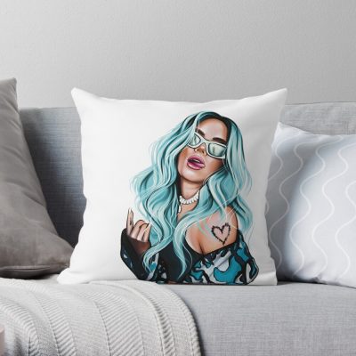 Karol G With Blue Hair Illustration Throw Pillow Official Karol G Merch