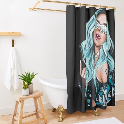 Karol G With Blue Hair Illustration Shower Curtain Official Karol G Merch