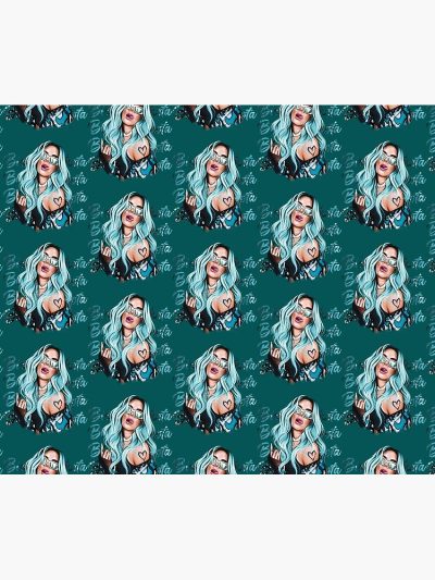 Karol G With Blue Hair Illustration With Bichota Words On The Background Tapestry Official Cow Anime Merch