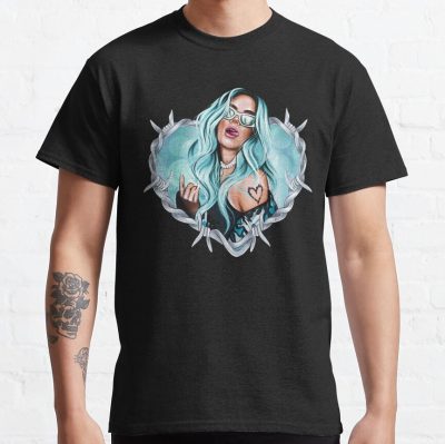 Karol G With Blue Hair Illustration With Bichota Words On The Background T-Shirt Official Cow Anime Merch