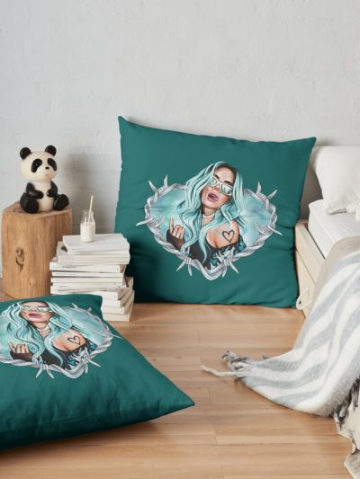 Karol G With Blue Hair Illustration With Bichota Words On The Background Throw Pillow Official Cow Anime Merch