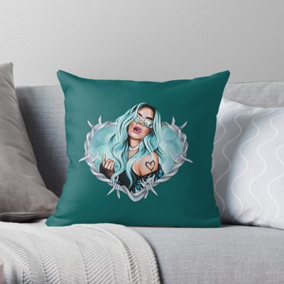 Karol G With Blue Hair Illustration With Bichota Words On The Background Throw Pillow Official Cow Anime Merch