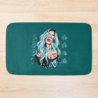 Karol G With Blue Hair Illustration With Bichota Words On The Background Bath Mat Official Cow Anime Merch